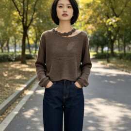 南油高定女装2026新款BC羊毛针织圆领花边镂空毛衣外穿毛衣上衣女