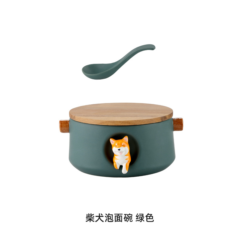 Cerámica tazón de fideos instantáneos con tapa Shiba Inu gran estudiante dormitorio fideos instantáneos taza tazón set Bento caja regalo