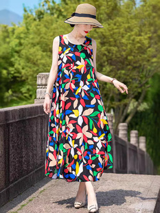 Western Style Mother's Cotton Silk dress Women's Elegant Sweet plus size Loose Sleeveless Printed Large Swing Beach Skirt