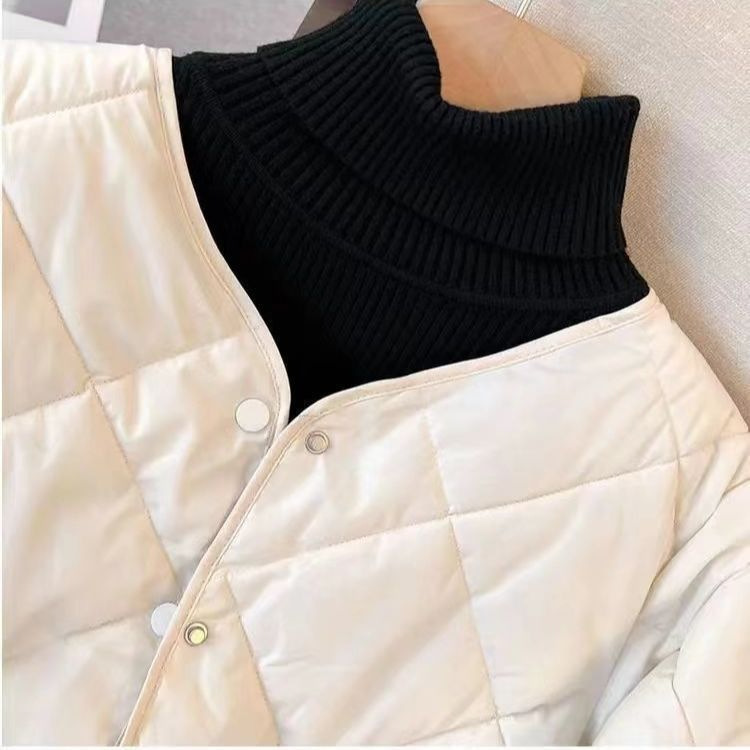 小香风女款无领菱形格小个子内搭轻薄保暖短款圆领冬季棉服外套|undefined