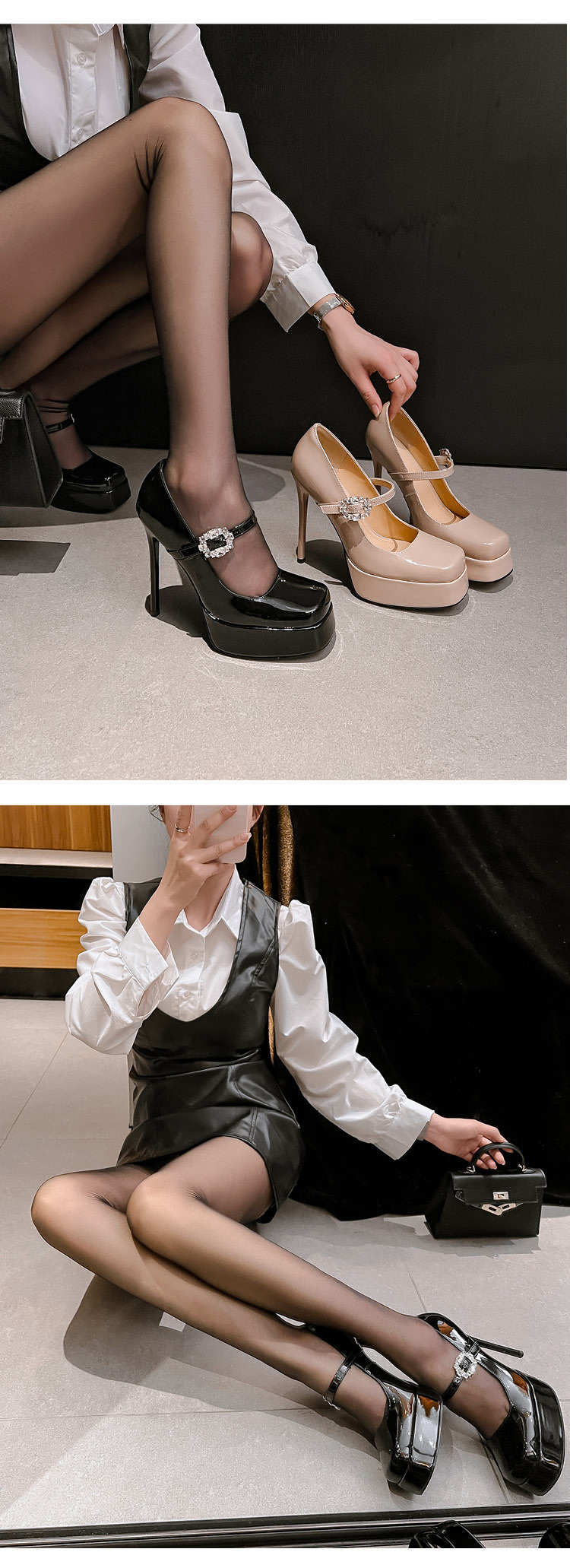 Giày cao gót Mary Jane mũi vuông quai ngang một khóa, gót nhọn 9 cm, đế platform, phong cách lễ tân dẫn chương trình — Trần truồng hồng, màu đen chi tiết 13