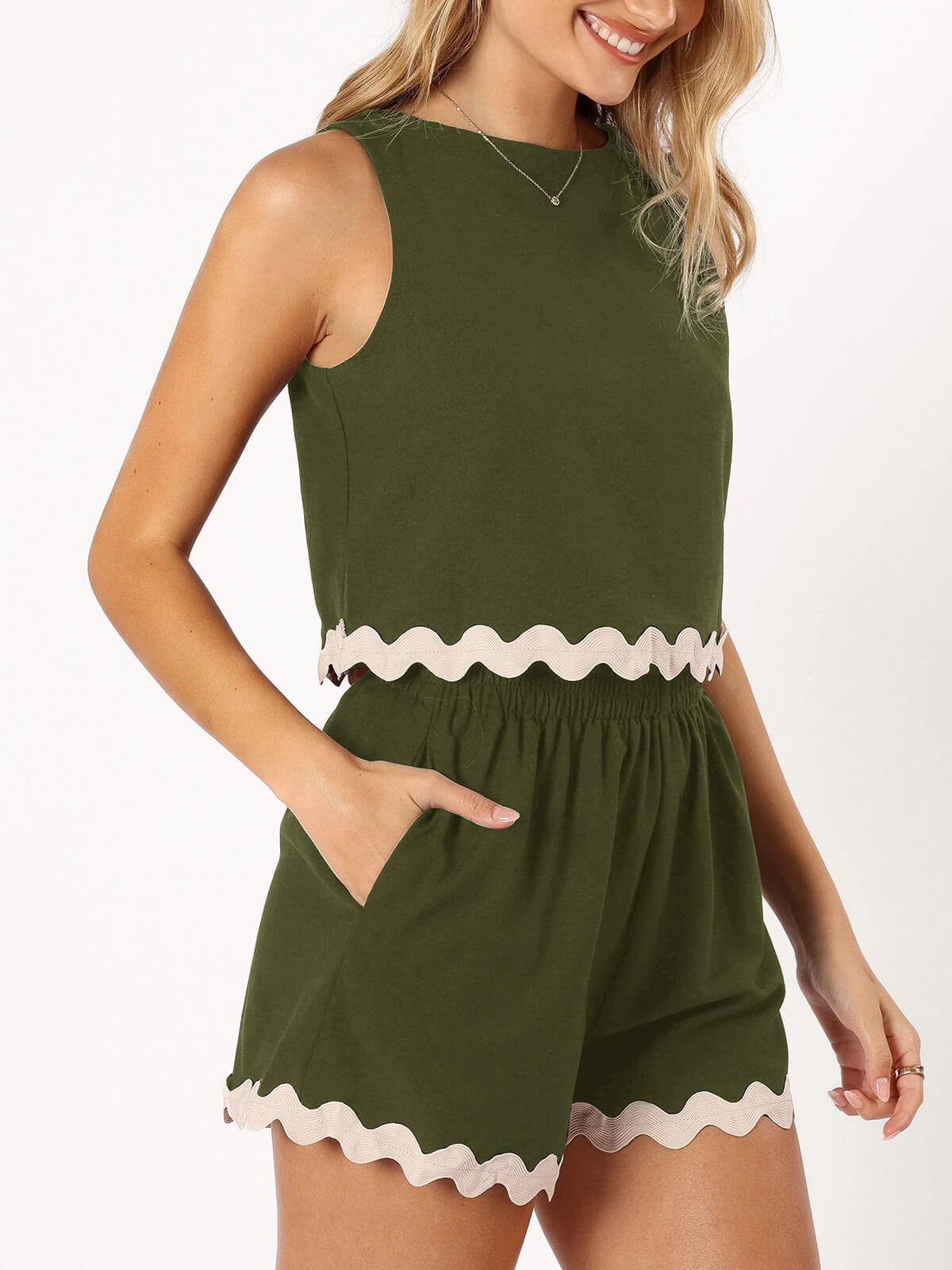 227g Weight Sleeveless Sleeve Length Linen, Lace Fabric Type Shorts Pants Type Shorts Co-ord Set Sets Type 2 Pieces Set Quantity Daily Occasion Round Neck Neckline Loose Fit Type Color Block, Waves Pattern Summer Season Women's Gender Casual Style Lace Craft Daily Women's Casual Color Block Waves Linen Lace Shorts Co-ord Set Shorts Shorts Sets 13