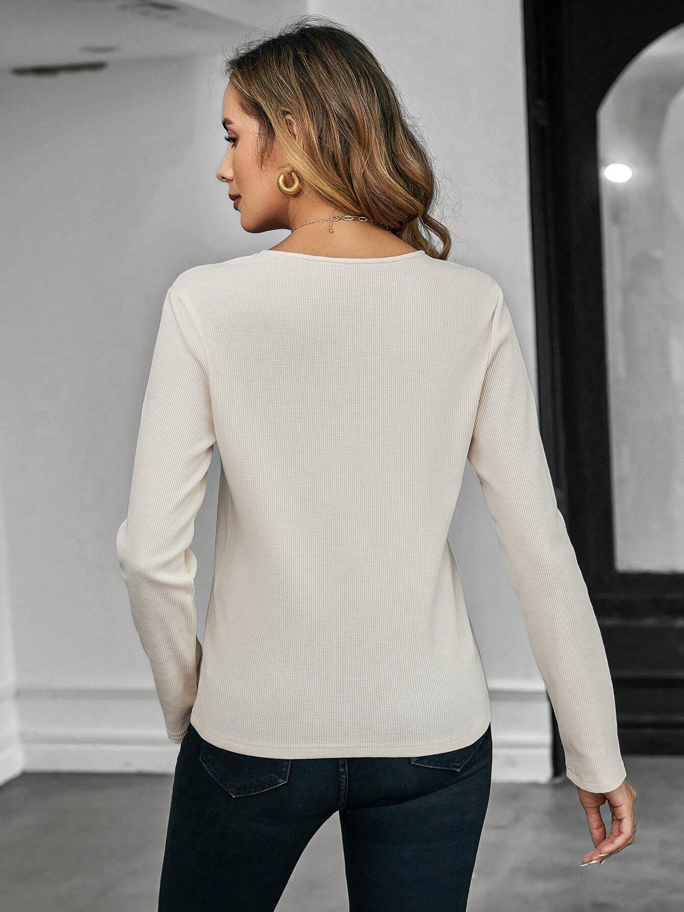 Voya Women's Clothing 2026 Spring/Summer European And American Women's Waffle Long-Sleeve T-Shirt Slim Fit Elegant_ecoleips.com