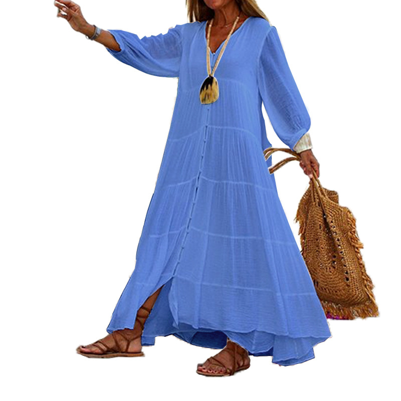 Böhmisches V-ausschnitt Langarm Kleid Aus Baumwolle Und Leinen_voghion.com