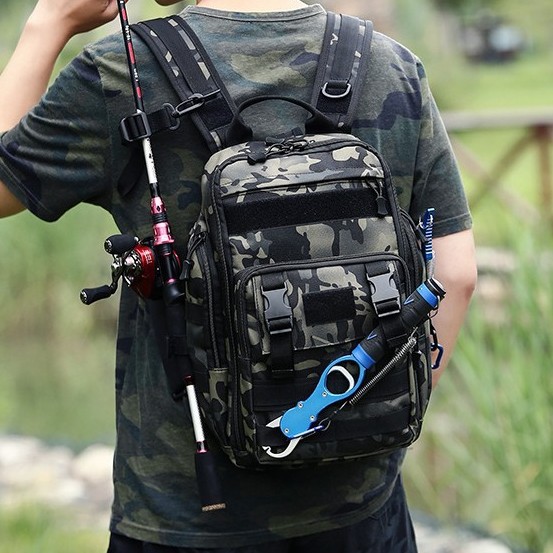 Cross-border three-shoulder strap single/double shoulder dual-use lure bag waterproof fishing tackle bag outdoor camouflage crossbody bag rod bag