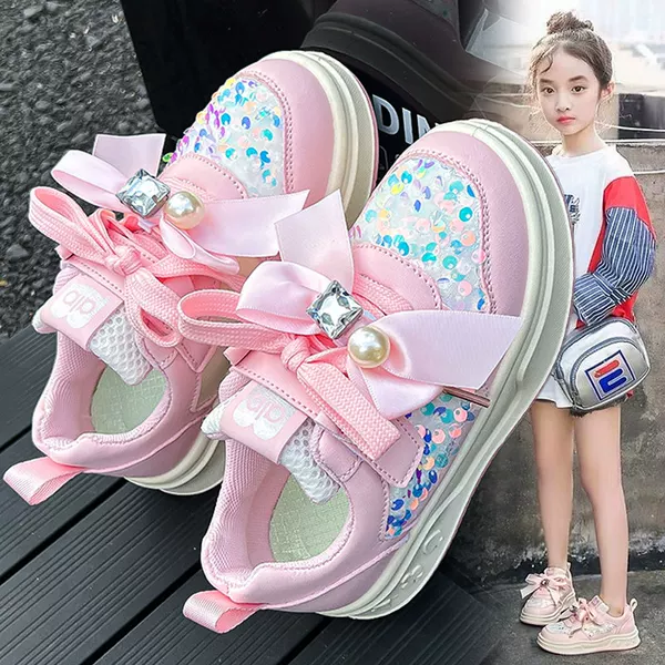 Children's Sports Shoes, Girls' Shoes, 2026 Spring New Style Princess Sneakers, Girls' Pearl Sequin White Shoes with Bows