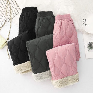 2024 Winter New Vintage Solid Color Artistic Lamb Fleece Stitching Warm Thickened Casual Pants High Waist Trousers for Women