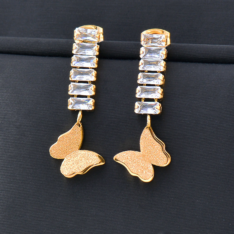 Simple Style Butterfly Stainless Steel Inlay Zircon Drop Earrings 1 Pair