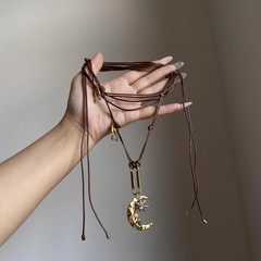 vintage月亮八芒星吊坠项链女中古风高级感毛衣链小众轻奢风配饰