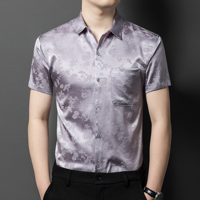 High-End Brand Real Pocket Silk Short-Sleeve Shirt for Men, Jacquard Loose Non-Iron Silk Shirt, Casual Trendy Shirt