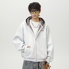 千鸟格撞色内里连帽卫衣男秋季重磅复古短宽潮牌拉链开衫夹克外套