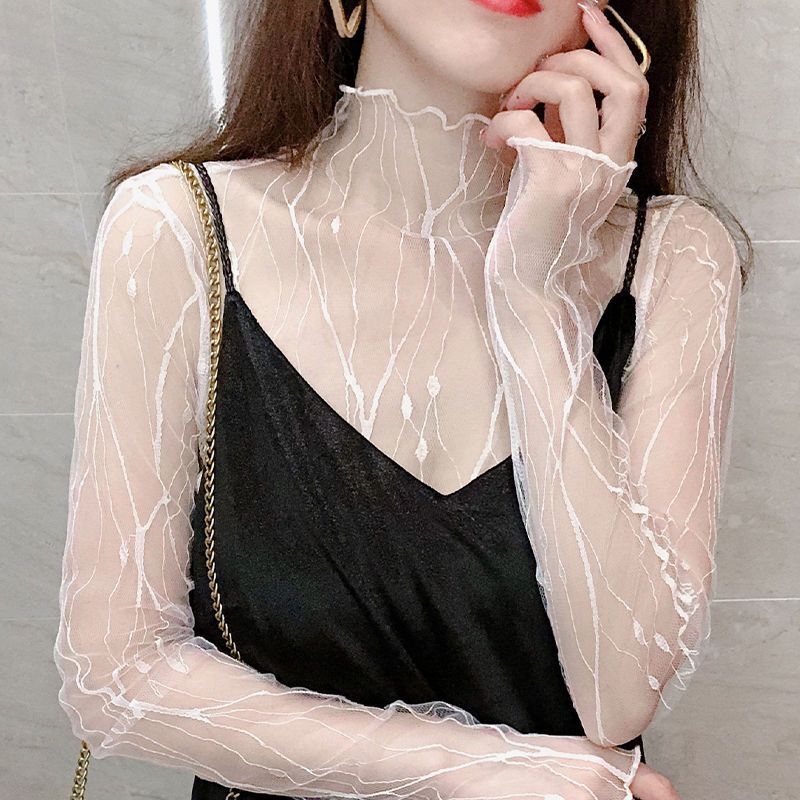 See-Through Sexy Inner Mesh Bottoming Shirt for Women Winter Thin Spring & Fall Slim Transparent Gauze High-Neck Gauze Lace Top
