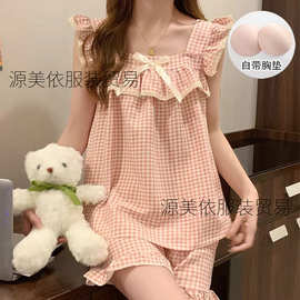 2025夏季短袖睡衣少女开衫翻领格子短袖短裤家居服两件套一件代发