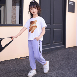 2025 Summer Girls' Little Bear Short-sleeved Top Letter Printed Trousers Loose Casual Sports Two-piece Set