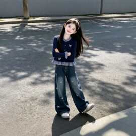 女童秋装套装2026新款格子拼色上衣中大童牛仔裤两件套小香风穿搭