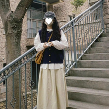 小个子早秋女复古文艺森系田园风穿搭日系叠穿马甲衬衫半身裙套装