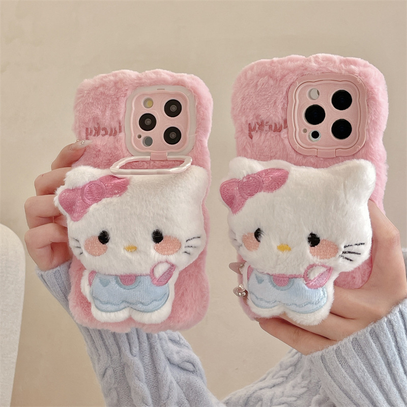 Pink Plush Kt Cat Suitable for Apple 17Promax Mobile Phone Case Full Cover 15Pro Stand 16P Soft Case 13 Anti-Fall