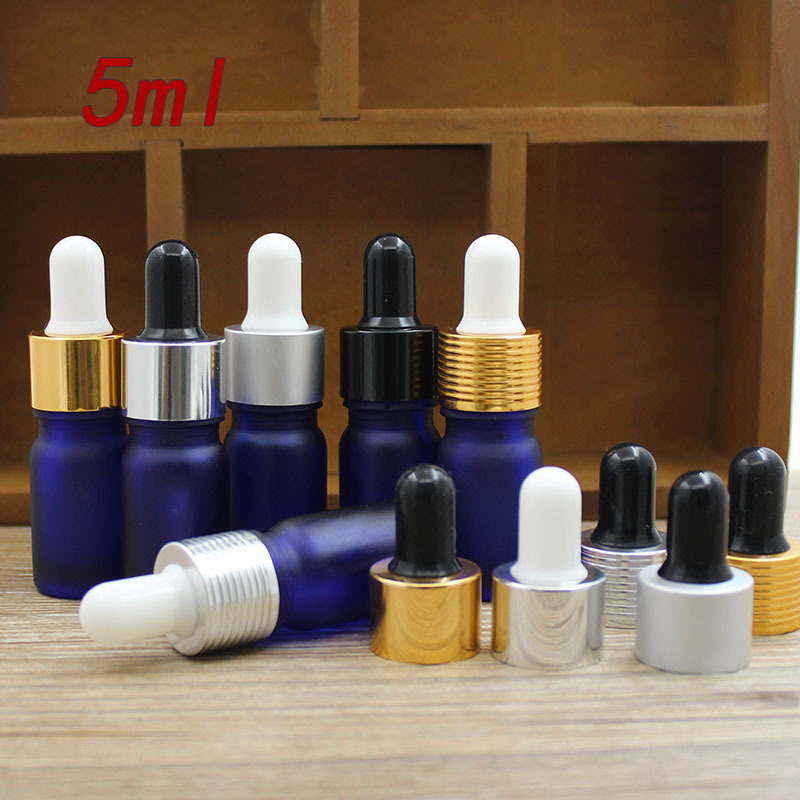 5ML蓝色磨砂玻璃精油瓶精油调配瓶 电化铝圈胶头滴管分装稀释空瓶