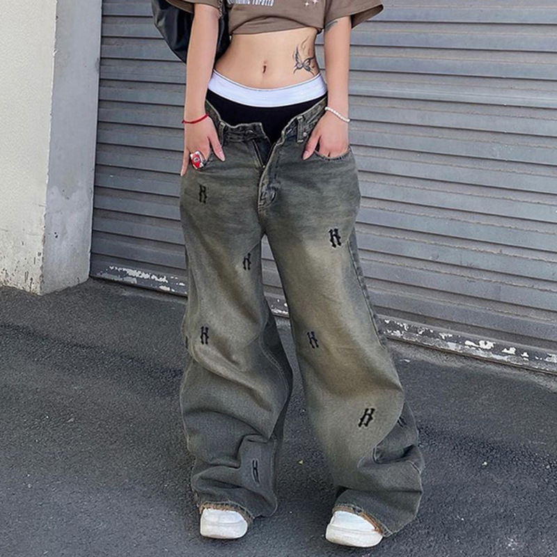 Hip Hop Style Low Waist Retro Old Print Simple Letter Jeans Street Loose Casual Wide Leg Pants Trousers Women_ecoleips.com