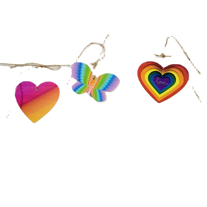 8cm arco iris en forma de corazón mariposa estrella de cinco puntas Arco Iris colgante de madera listado de bodas Día de San Valentín suministros Decoración