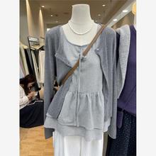 外贸清仓～尾货品牌韩系百搭温柔针织开衫+格纹叠穿背心上衣女