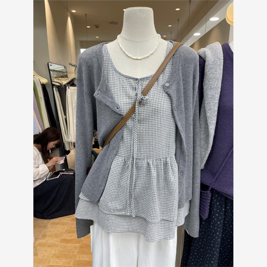 外贸清仓～尾货品牌韩系百搭温柔针织开衫+格纹叠穿背心上衣女