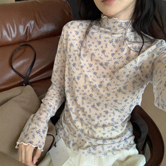 设计感小碎花半高领长袖T恤女2025新款修身内搭打底衫叠穿上衣
