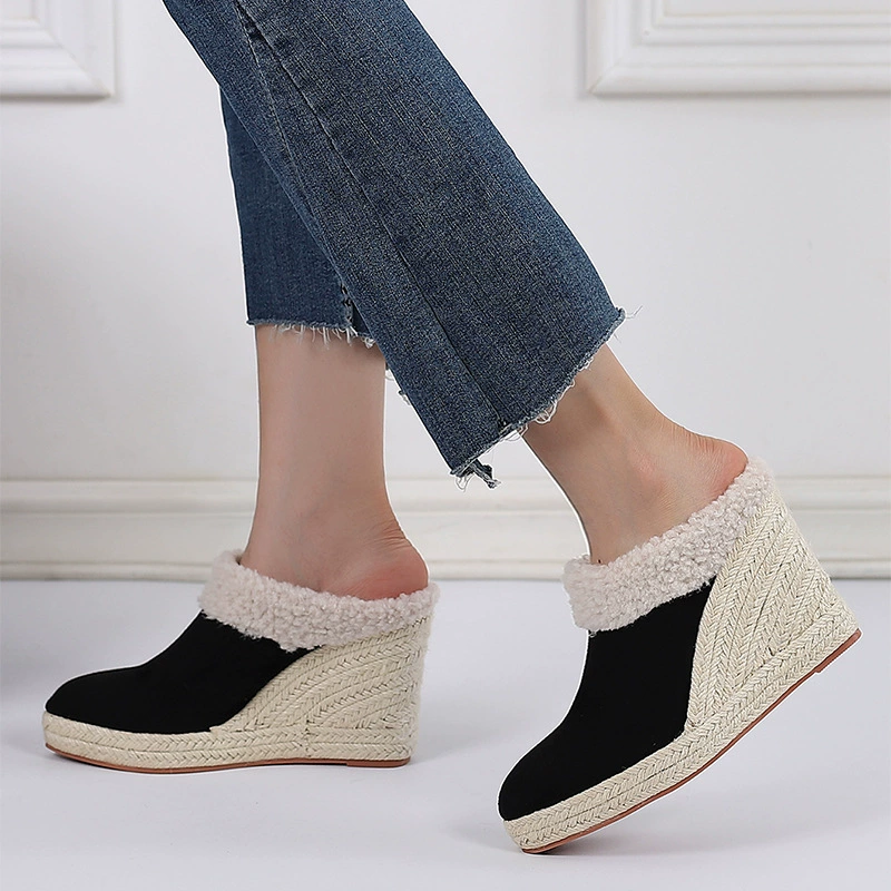 Осенне-зимние туфли Баотоу на танкетке Amazon на толстой подошве, туфли на высоком каблуке с острым носком, женская Соломенная пеньковая веревка, трансграничная Внешняя торговля AliExpress