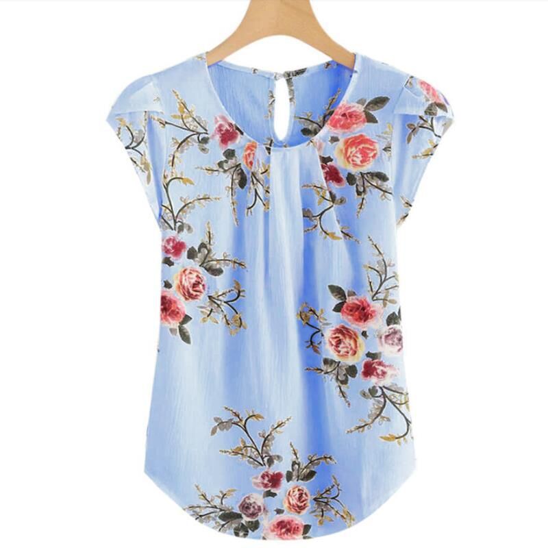 Cross-border 2025 camisa de cuello redondo casual de mujer flor de pliegue delgada venta rápida TONGWISH impresión camisa de manga corta image 11