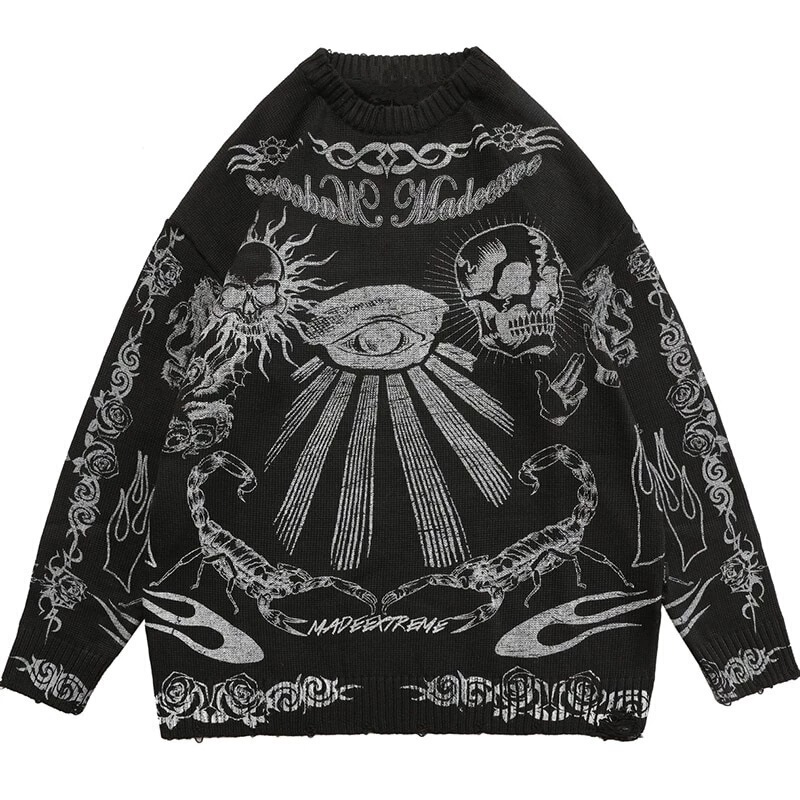 European Girl Gothic Fashion Harajuku Punk Rock Hip-Hop Skull Dark Flame Y2Ko Collar Long Sleeve Chunky Sweater Wholesale