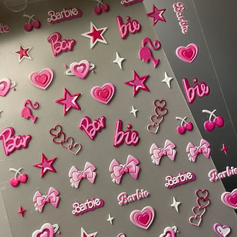 Popular Embossed Nail Art Stickers Stereo Girl Cute Pink Barbie Nails Smiley Heart Adhesive Waterproof Decoration