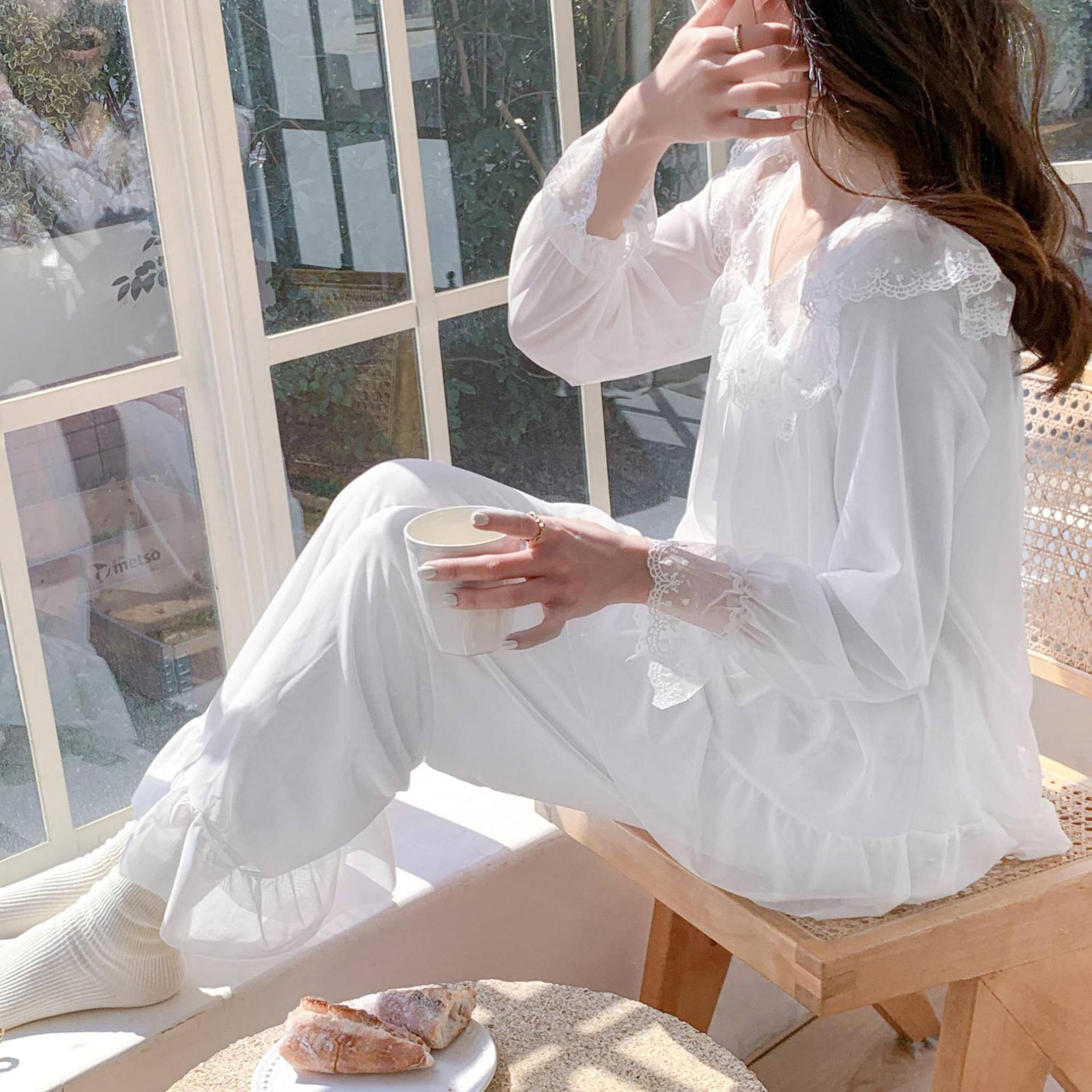 느슨한 슬리밍 잠옷 봄과 가을 새로운 공주 스타일 긴 소매 바지 세트 달콤한 레이스 화이트 메쉬 홈 옷
