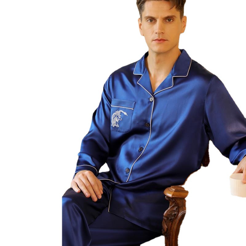 Heavy Silk Pajamas Men's Long-sleeved Underwear Suit Mulberry Silk Home Clothes Plus Size Loose Business Gift Blue