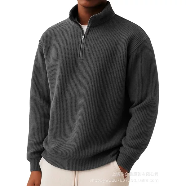 European and American Cross-Border Men's Autumn and Winter New Pure Color Pullover Zipper Loose Casual Boutique Waffle Long-Sleeved Polo Fir