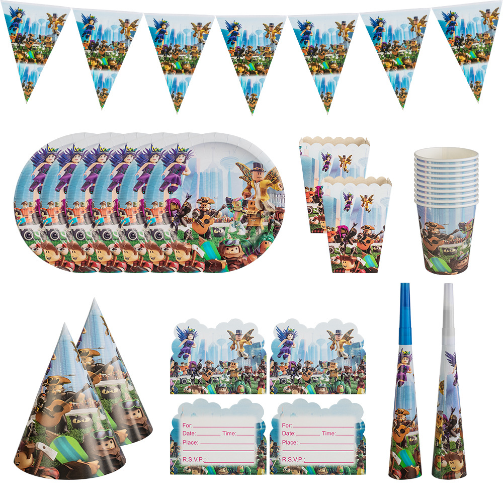 En stock suministros de decoración de fiesta transfronteriza mundo virtual plato de papel taza de papel tapa de papel suministros de fábrica