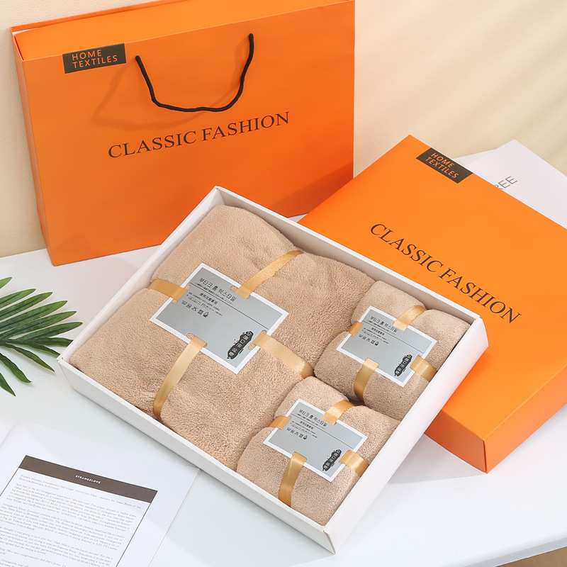 Manufacturer's Ready-Stock Towel and Bath Towel Gift Box Set of Three, Thickened Annual Meeting Gift Towel, Household Coral Fleece Towel Gift Box