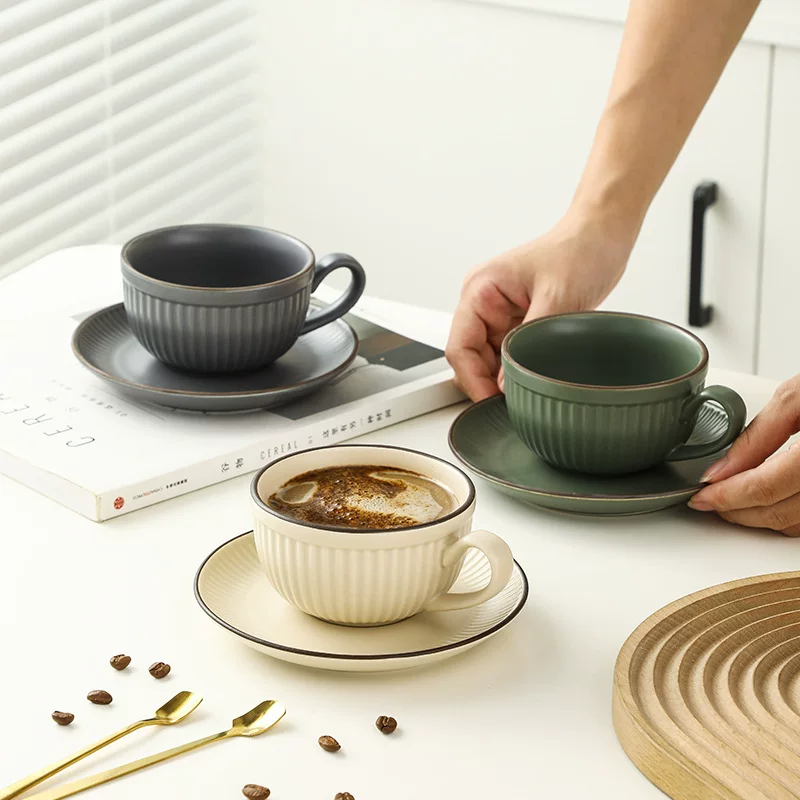 Color glaze vertical pattern retro old cup ceramic coffee cup mug breakfast cup 2023 new women's cup and saucer-2
