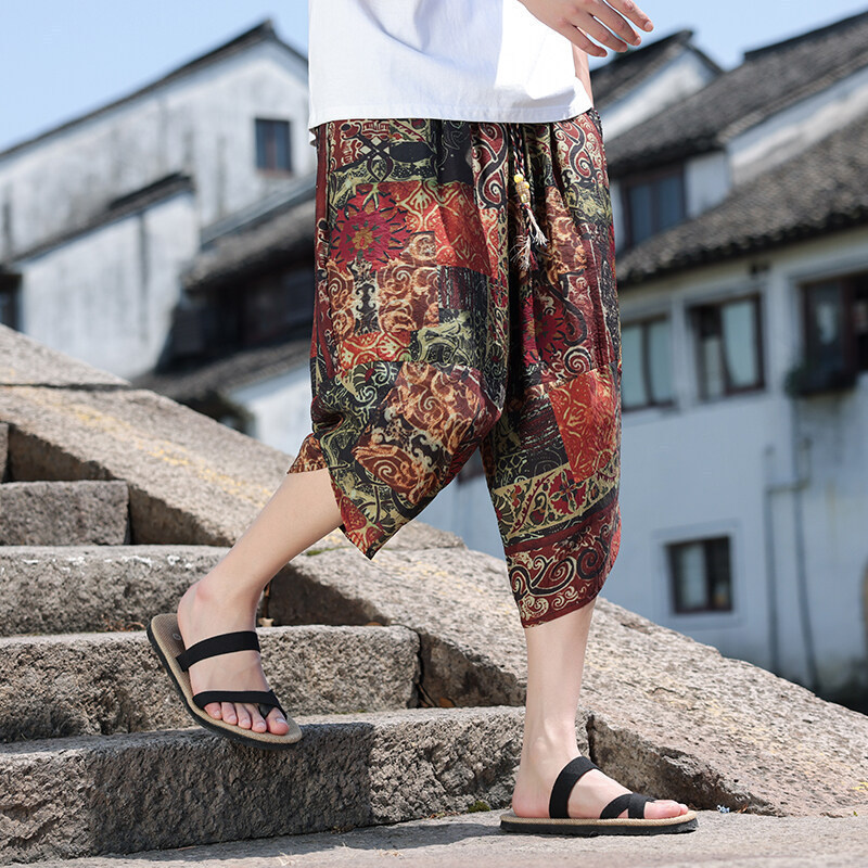 2025 Summer New Chinese Style Men's Retro Trendy Casual Pants Chinese-Style Three-Quarter Cross-Leg Cuffed Pants