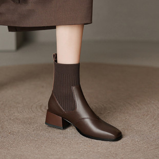 Chelsea Boots Autumn and Winter New British Style Stretch Knitted Thin Boots Internet Popular ins Square Toe Mid Heel Stretch Boots