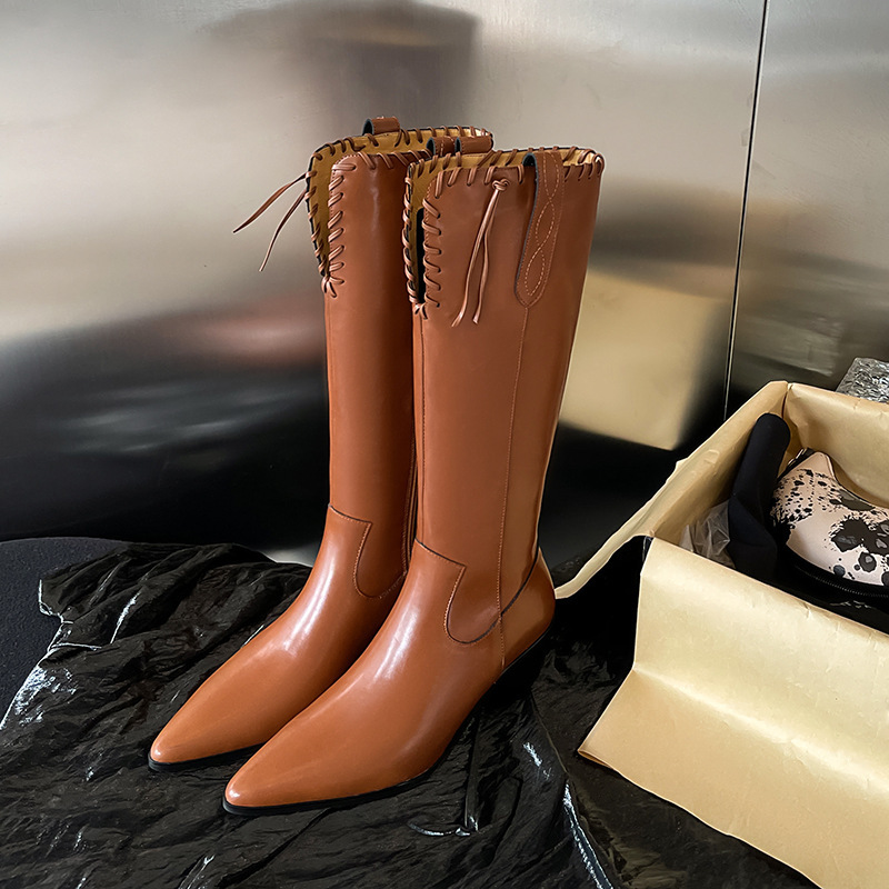2026 Winter New Foreign Trade Style Pointed Toe Chunky Heel European and American Style Cowhide Side Zipper Runway Knee-High Boots Western Riding Boots 2026 Winter New Foreign Trade Style Pointed Toe Chunky Heel European and American Style Cowhide Side Zipper Runway Knee-High Boots Western Riding Boots