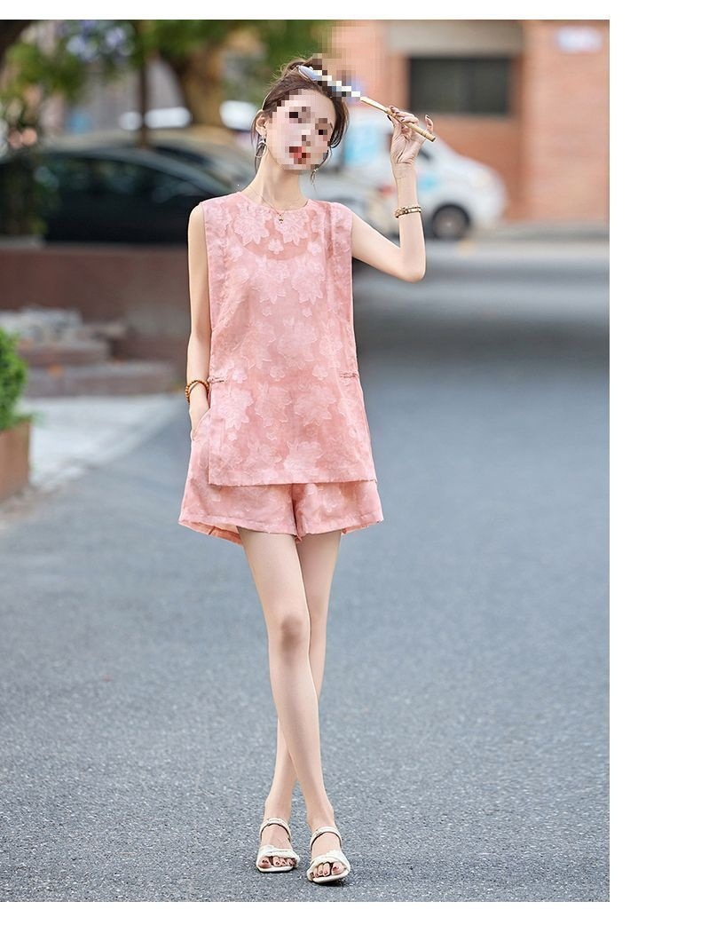 Bộ quần short áo không tay nữ phong cách quốc phong mới 2026 — Bộ màu xanh lá cây nhạt, Bộ màu hồng nhạt chi tiết 12