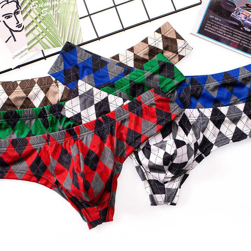 Plaid printed ice silk thread men's underwear youth sexy breathable Men's breathable thong men wholesale