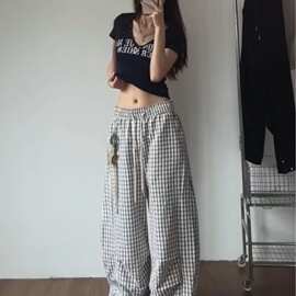 夏2025新款时尚大裤腿薄款格子阔腿裤女慵懒风显瘦宽松小个子长裤