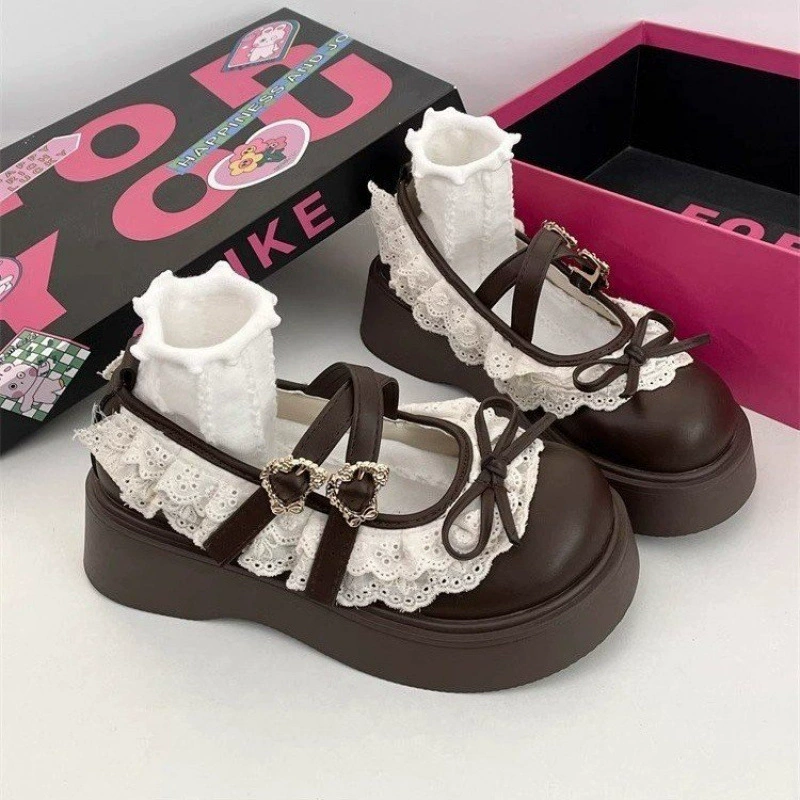 Туфли Mary Jane на платформе, женские, кожа, бант и кружево, осенние 35–40
