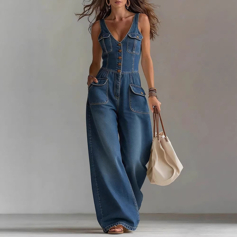2026 Foreign Trade European and American Cross-Border Tight-Waist Washed Denim Jumpsuit Straight Loose Sleeveless Overalls