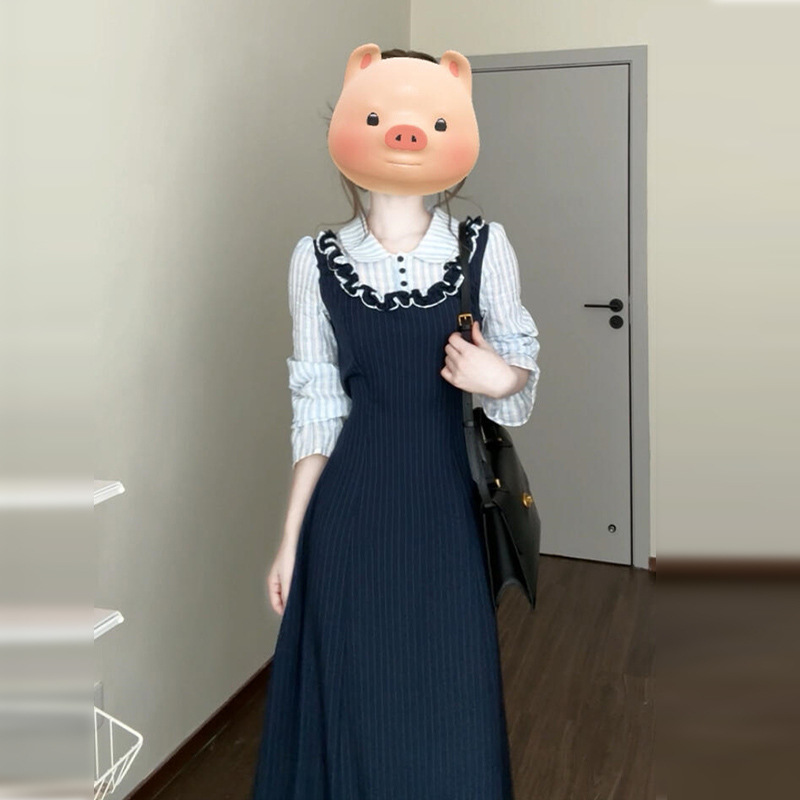 French-Style Faux Two-Piece Spaghetti Strap Dress for Women, 2025 New Korean Style with an Atmospheric Vibe, Waist-Cinching and Length-Enhancing Dress