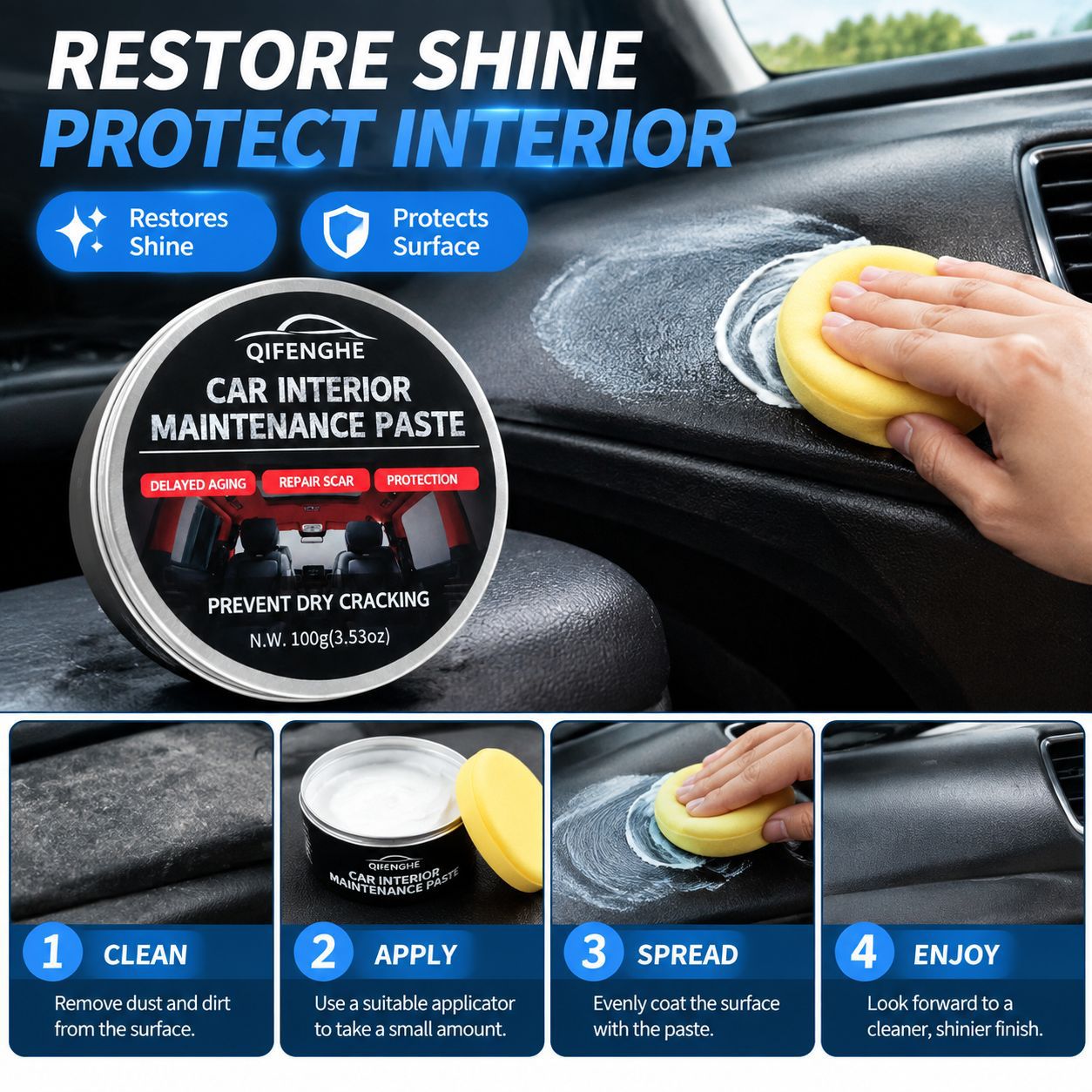 QIFENGHE car interior care cream, leather and plastic dashboard wax, for scratch repair, stain removal, polishing, and refurbishment