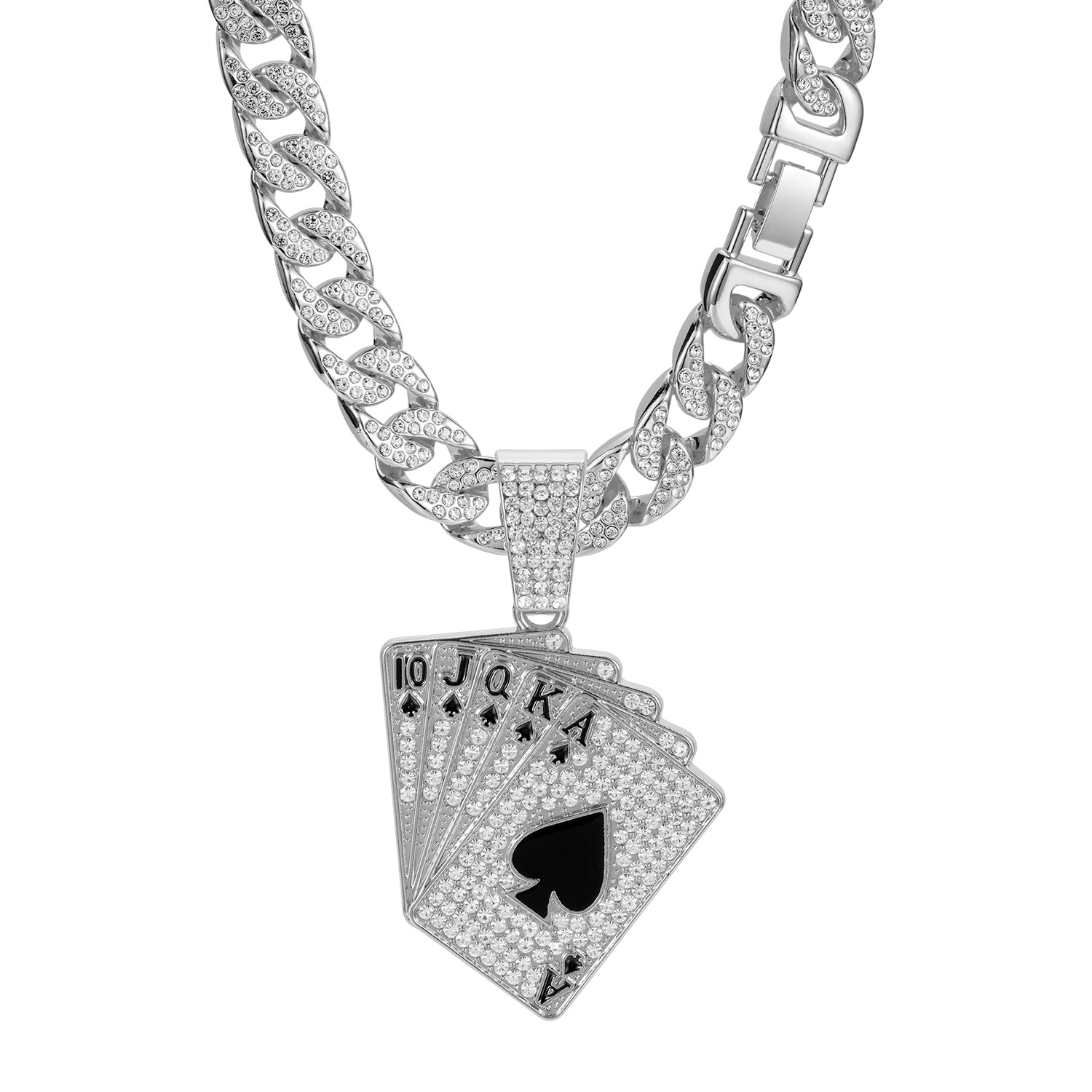 European And American Hip-hop Cuban Chain Full Diamond Playing Card Pendant Trendy Card Niche Men's Necklace_voghion.com