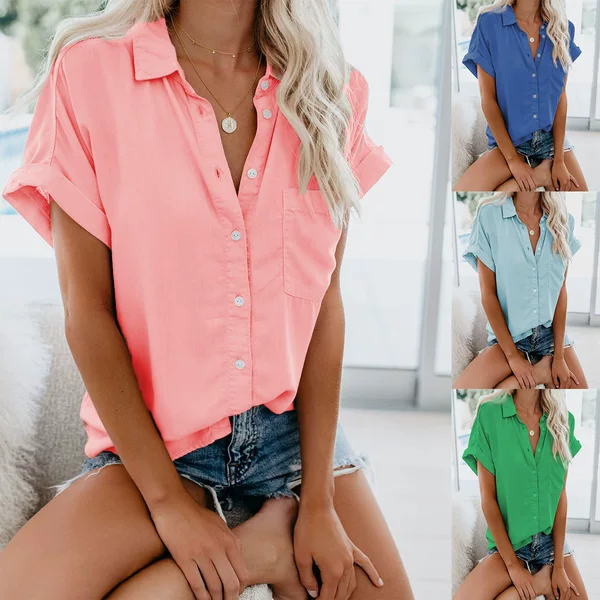 Women's Clothing Cross-Border Exclusive 2025 Summer Women's Ebay Amazon Short-Sleeved Women's Lapel Button Shirt Tops