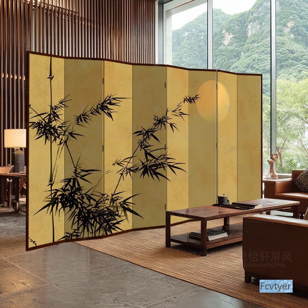 Hao Bang Movable Bamboo Folding Screen Tea House New Double-Sided Living Room Folding Tea Room New Chinese Style Screen Partition Entrance